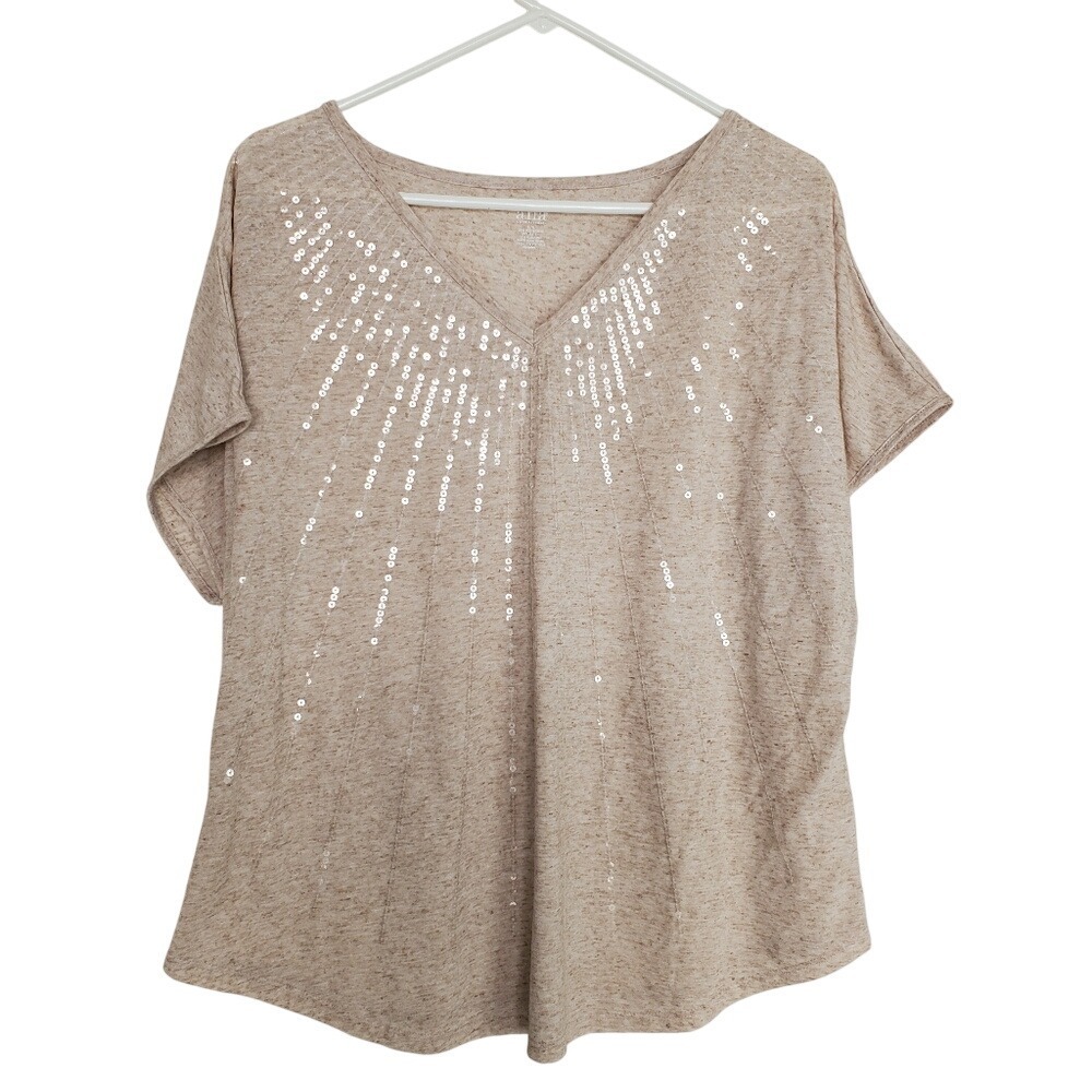 a.n.a V-Neck Sequin Sunburst Top Tan Heather Linen Blend Earth Tone Large